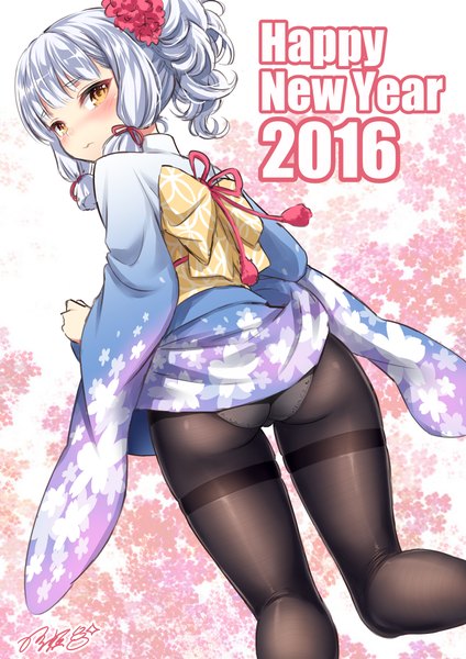 Anime picture 700x990 with kantai collection murakumo destroyer kase daiki single tall image blush light erotic brown eyes signed bent knee (knees) ass white hair traditional clothes japanese clothes looking back pantyshot embarrassed floral print alternate hairstyle new year