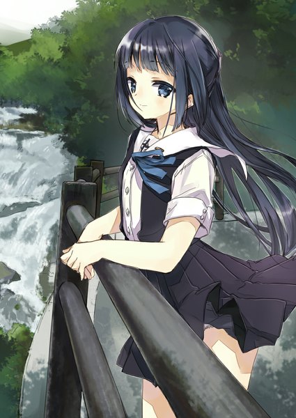 Anime picture 752x1062 with original miyoshino single long hair tall image looking at viewer blue eyes black hair wind half updo girl dress plant (plants) tree (trees)