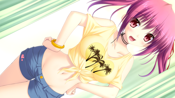 Anime picture 1280x720 with koi doki hasegawa mikoto single long hair looking at viewer blush open mouth light erotic red eyes wide image twintails game cg purple hair midriff girl navel shorts bracelet