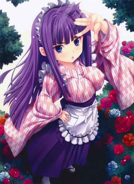 Anime picture 4286x5895 with original miyama zero single long hair tall image highres open mouth blue eyes absurdres purple hair from above scan hand on hip wa maid yagasuri girl flower (flowers) headdress maid headdress