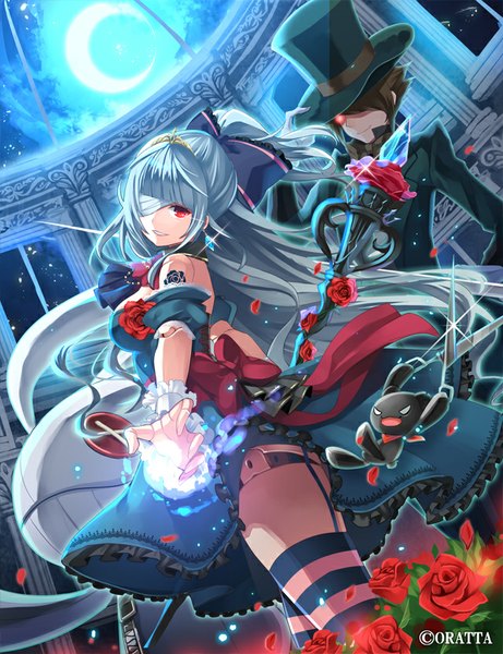 Anime picture 640x832 with original nukuhito long hair tall image looking at viewer short hair open mouth red eyes brown hair bare shoulders holding looking back grey hair tattoo magic dual wielding crescent covering eye (eyes) girl thighhighs
