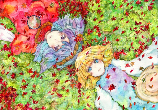 Anime picture 3000x2097 with touhou moriya suwako yasaka kanako konose blush highres short hair blue eyes blonde hair purple eyes multiple girls purple hair lying traditional media watercolor (medium) girl 2 girls plant (plants) hat leaf (leaves)