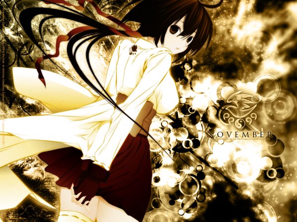 Anime picture 1600x1200 with sekirei musubi single long hair looking at viewer brown hair brown eyes ahoge ponytail traditional clothes japanese clothes looking back wallpaper girl thighhighs skirt gloves ribbon (ribbons) hair ribbon white thighhighs