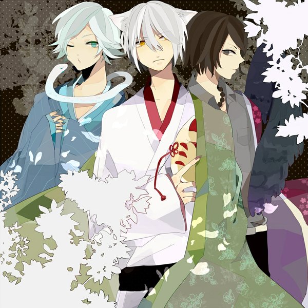 Anime picture 1010x1010 with kamisama hajimemashita tomoe (kamisama hajimemashita) mizuki (kamisama hajimemashita) kurama (kamisama hajimemashita) short hair brown hair standing brown eyes animal ears yellow eyes silver hair white hair japanese clothes profile one eye closed aqua eyes wink multiple boys fox ears black wings