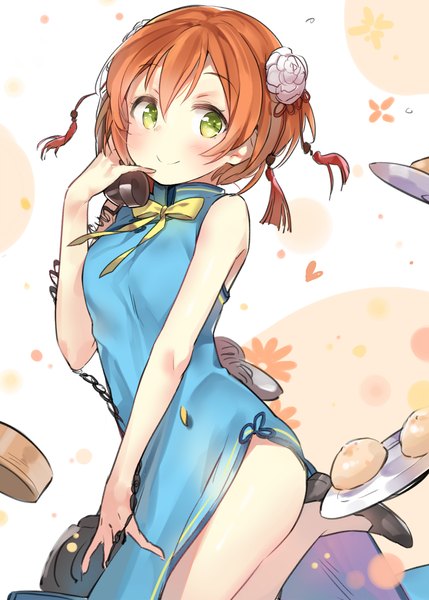 Anime picture 793x1110 with love live! school idol project sunrise (studio) love live! hoshizora rin yuran (cozyquilt) single tall image looking at viewer blush short hair smile green eyes bent knee (knees) orange hair chinese clothes girl hair ornament food chinese dress plate