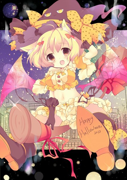 Anime picture 752x1062 with original umino mizu single tall image blush short hair open mouth blonde hair brown eyes animal ears cat ears loli halloween happy halloween girl dress bow hair bow wings boots