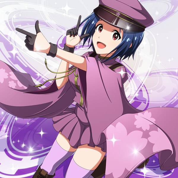 Anime picture 1000x1000 with idolmaster miura azusa kouchou single short hair open mouth smile brown eyes blue hair :d pleated skirt wide sleeves lacing pointing girl thighhighs skirt knee boots peaked cap cross-laced footwear