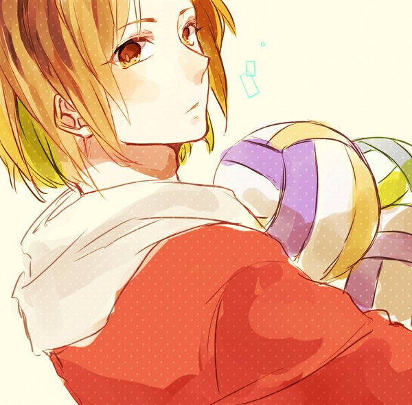 Anime picture 1024x1009 with haikyuu!! production i.g kozume kenma mako1124 single looking at viewer blush short hair simple background blonde hair yellow eyes looking back portrait boy hood ball volleyball ball