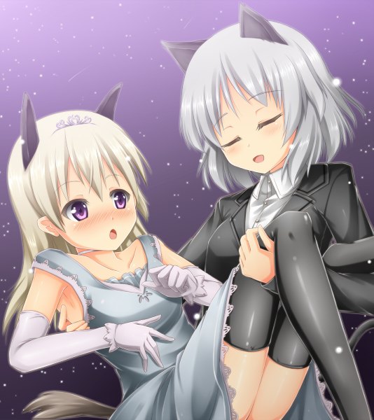 Anime picture 1068x1200 with strike witches sanya v. litvyak eila ilmatar juutilainen kuragari (artist) long hair tall image blush short hair open mouth purple eyes multiple girls animal ears white hair eyes closed girl thighhighs dress gloves black thighhighs 2 girls