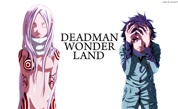 Anime picture 1500x924 with deadman wonderland shiro (deadman wonderland) igarashi ganta aagito looking at viewer short hair simple background red eyes wide image white background white hair eyes closed very long hair inscription coloring girl boy
