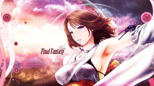 Anime picture 1600x900 with final fantasy square enix yuna (ff10) single short hair blue eyes light erotic smile brown hair wide image bare shoulders cloud (clouds) japanese clothes armpit (armpits) girl detached sleeves belt pendant