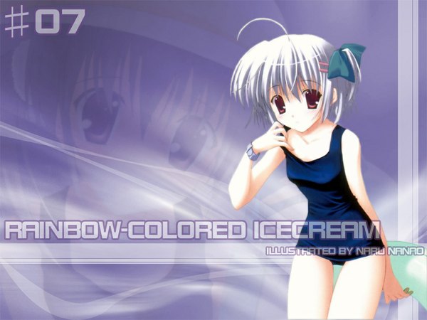 Anime picture 1024x768 with rainbow colored icecream nanao naru single looking at viewer light erotic red eyes signed white hair copyright name swimsuit pull girl swimsuit one-piece swimsuit school swimsuit