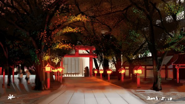 Anime picture 2717x1535 with original shuizhanglang highres wide image no people landscape plant (plants) tree (trees) lamp torii road