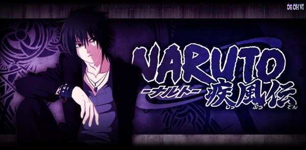 Anime picture 1935x950 with naruto studio pierrot naruto (series) uchiha sasuke deohvi single highres short hair black hair wide image looking away black eyes inscription coloring dark background boy pendant