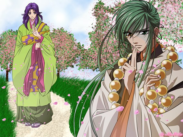 Anime picture 1024x768 with harukanaru toki no naka de tachibana no tomomasa eisen long hair looking at viewer short hair purple eyes brown eyes green eyes sky purple hair cloud (clouds) traditional clothes japanese clothes heterochromia cherry blossoms flower (flowers) plant (plants) petals grass