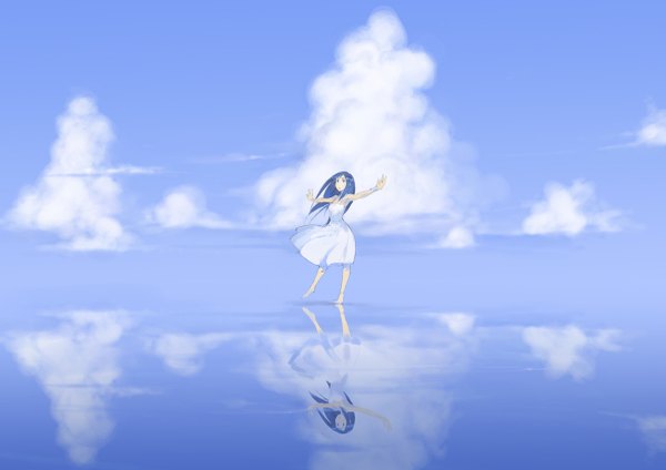 Anime picture 1211x856 with original tko (kkk66) single long hair blue hair sky cloud (clouds) full body barefoot reflection spread arms girl dress water white dress sea sundress