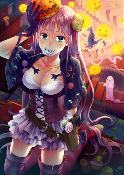 Anime picture 707x1000 with original yamyom single long hair tall image looking at viewer blue eyes pink hair halloween girl thighhighs dress gloves weapon food sweets gun striped thighhighs lollipop holster