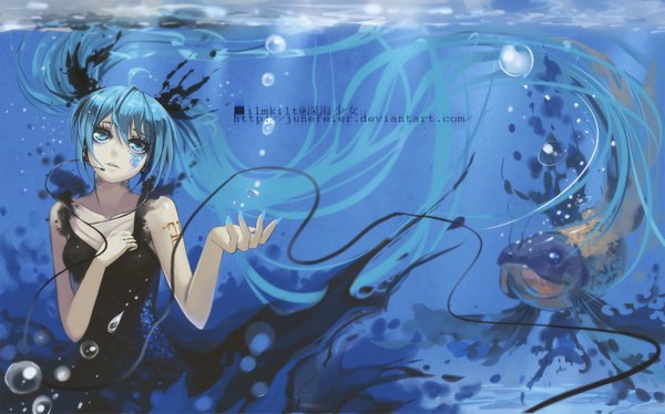 Anime picture 1500x937 with vocaloid shinkai shoujo (vocaloid) hatsune miku ilmkilt (junefeier) single wide image twintails very long hair nail polish aqua eyes aqua hair underwater girl dress water black dress bubble (bubbles) fish (fishes) wire (wires)