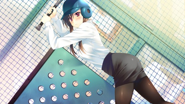 Anime picture 1280x720 with white album 2 blush short hair black hair red eyes wide image game cg girl skirt miniskirt baseball bat