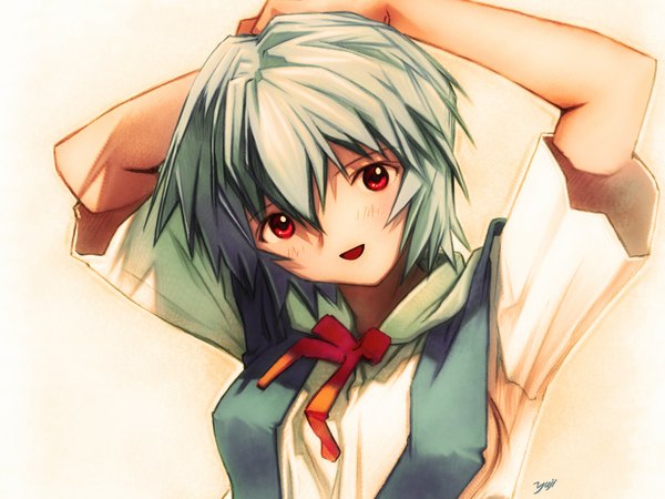 Anime picture 1024x768 with neon genesis evangelion gainax ayanami rei kobayashi yuji looking at viewer blush short hair open mouth simple background smile red eyes aqua hair arms behind head girl