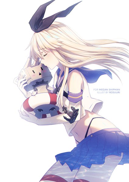 Anime picture 700x990 with kantai collection shimakaze destroyer rensouhou-chan rosuuri single long hair tall image blush fringe light erotic blonde hair simple background hair between eyes standing white background holding signed eyes closed profile wind