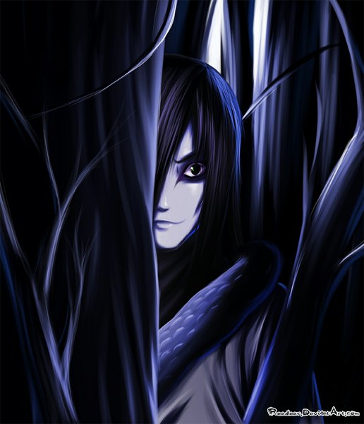 Anime picture 1024x1191 with naruto studio pierrot naruto (series) orochimaru reedleer single long hair tall image fringe black hair smile black eyes hair over one eye coloring boy