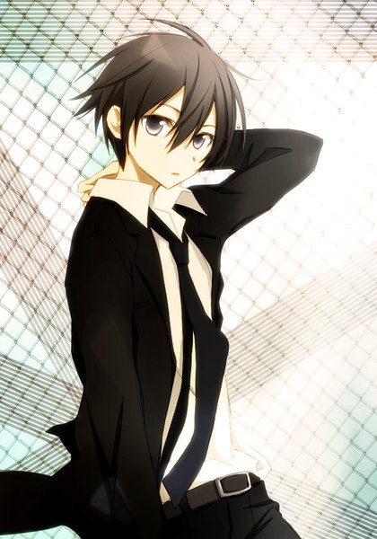 Anime picture 700x1000 with sword art online a-1 pictures kirigaya kazuto tsukimori usako single tall image looking at viewer short hair black hair wind black eyes arm behind head open collar boy shirt necktie white shirt fence chain-link fence
