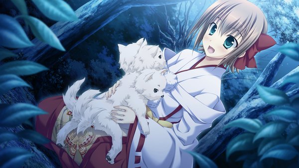 Anime picture 2560x1440 with yaneura no kanojo dp minase (artist) blush highres short hair open mouth brown hair wide image green eyes game cg traditional clothes miko girl bow hair bow dog