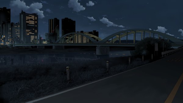 Anime picture 2008x1130 with original isai shizuka highres wide image cloud (clouds) night city cityscape no people city lights plant (plants) building (buildings) grass bridge road
