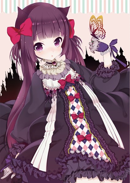 Anime picture 800x1130 with original sakiyo cake single long hair tall image looking at viewer purple eyes animal ears purple hair cat ears loli butterfly on hand girl dress bow hair bow frills insect butterfly
