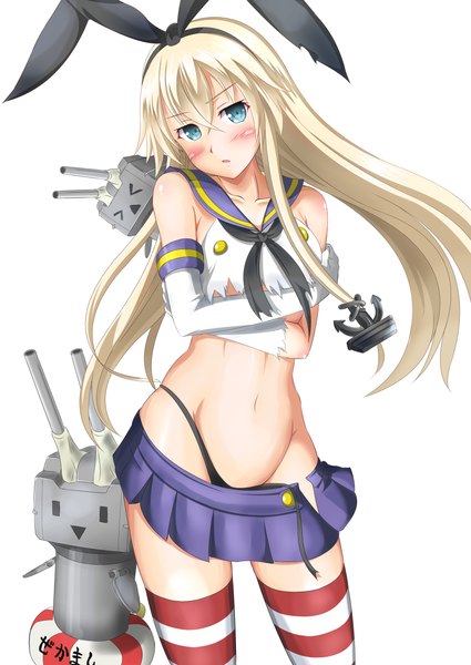 Anime picture 992x1402 with kantai collection shimakaze destroyer rensouhou-chan ichikawa feesu long hair tall image blush blue eyes light erotic blonde hair simple background white background midriff torn clothes girl thighhighs gloves navel bow weapon