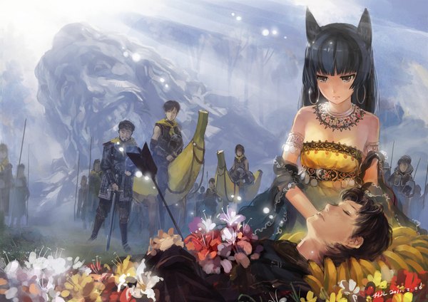 Anime picture 1052x744 with original pixiv fantasia pixiv fantasia v hjl black hair brown hair brown eyes animal ears light crying humor girl dress boy uniform flower (flowers) weapon earrings jewelry military uniform