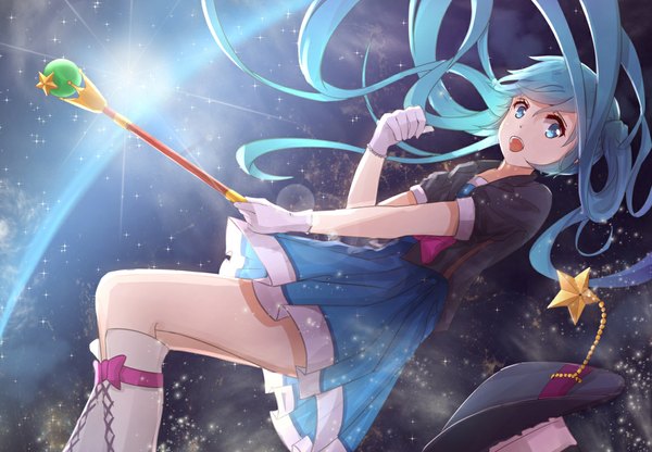 Anime picture 1152x800 with vocaloid hatsune miku byakuya reki single open mouth simple background twintails holding very long hair pleated skirt aqua eyes blurry aqua hair night short sleeves alternate costume lens flare black background flying space