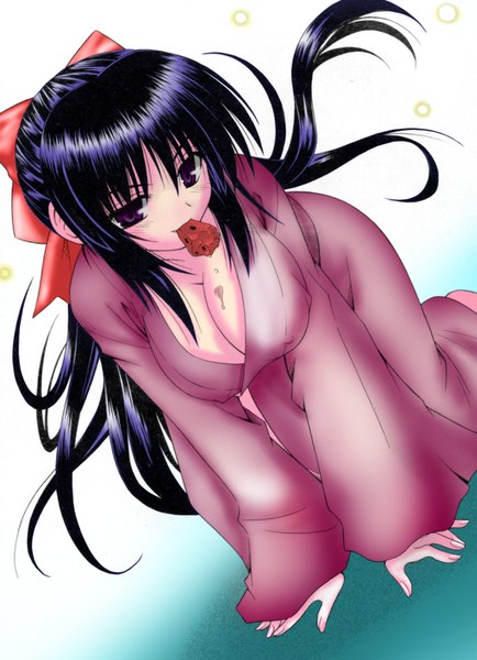 Anime picture 1391x1920 with omamori himari zexcs noihara himari single long hair tall image looking at viewer blush fringe breasts light erotic black hair large breasts purple eyes holding cleavage bent knee (knees) traditional clothes japanese clothes light smile