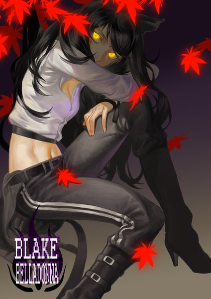 Anime picture 1060x1500 with rwby rooster teeth blake belladonna logod single long hair tall image looking at viewer fringe black hair simple background yellow eyes inscription bare belly glowing glowing eye (eyes) girl navel belt leaf (leaves)