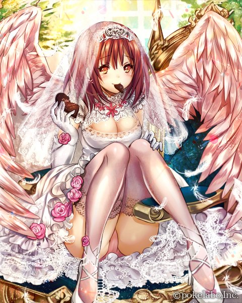 Anime picture 960x1200 with eikou no guardian battle madogawa single tall image looking at viewer blush short hair breasts light erotic red eyes large breasts sitting holding cleavage red hair official art pantyshot mouth hold pantyshot sitting wedding