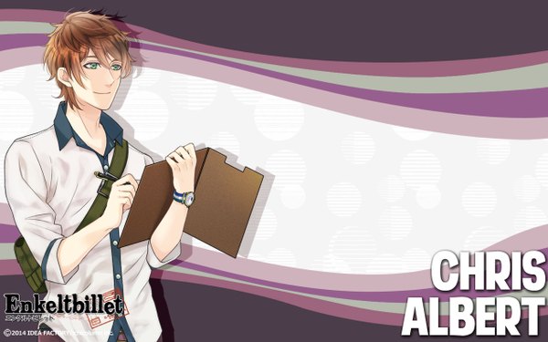 Anime picture 1280x800 with enkeltbillet idea factory chris albert single fringe short hair smile brown hair green eyes looking away game cg inscription official art wallpaper character names boy shirt bag clock pocket watch