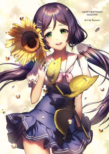 Anime picture 750x1064 with love live! school idol project sunrise (studio) love live! toujou nozomi rosuuri single long hair tall image looking at viewer blush fringe open mouth simple background smile twintails holding green eyes signed purple hair :d