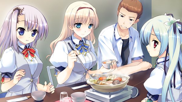 Anime picture 1280x720 with aete mushisuru kimi to no mirai manabe kei sawatari nanagi tachibana minami long hair blush short hair blue eyes blonde hair red eyes brown hair wide image multiple girls blue hair game cg purple hair nabe girl boy uniform