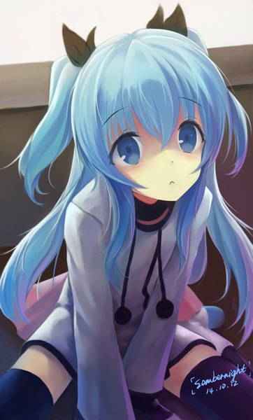 Anime picture 1425x2356 with sora no method noel (sora no method) sombernight single long hair tall image looking at viewer fringe blue eyes sitting signed blue hair multicolored hair two side up dated wariza gradient hair girl