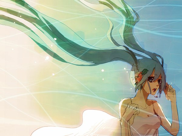 Anime picture 1024x768 with vocaloid hatsune miku mdk (m-kuri) single long hair fringe open mouth twintails hair flower aqua eyes aqua hair alternate costume tears crying singing girl hair ornament flower (flowers) leaf (leaves) microphone