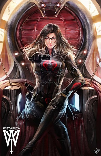 Anime picture 600x927 with g.i. joe baroness wizyakuza single long hair tall image looking at viewer breasts black hair lips realistic crossed legs girl gloves weapon glasses gun chain bodysuit pistol