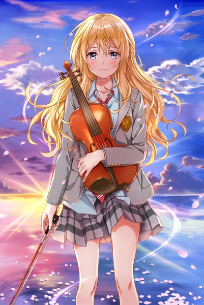 Anime picture 1000x1494 with shigatsu wa kimi no uso a-1 pictures miyazono kaori higeneko single long hair tall image looking at viewer fringe blue eyes blonde hair smile hair between eyes standing holding sky cloud (clouds) ahoge wind sunlight