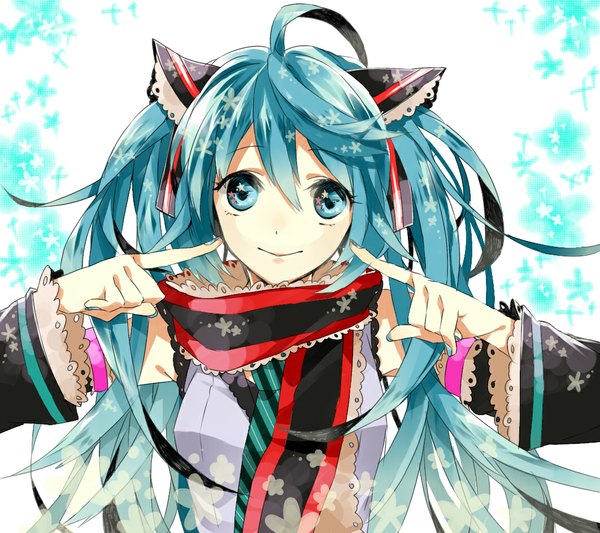 Anime picture 1062x944 with vocaloid hatsune miku wonoco0916 single long hair looking at viewer smile twintails ahoge head tilt aqua eyes aqua hair face pointing girl detached sleeves scarf