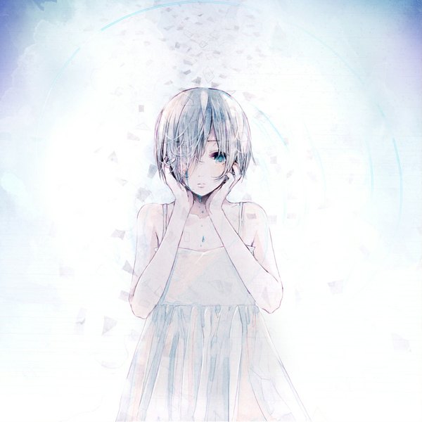 Anime picture 827x827 with original penchop single fringe short hair blue eyes standing bare shoulders lips grey hair hair over one eye sleeveless tears girl dress white dress