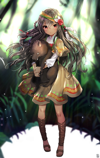 Anime picture 866x1358 with original gambe single long hair tall image looking at viewer blush fringe hair between eyes brown hair standing holding brown eyes full body braid (braids) parted lips hair flower wind blurry :o
