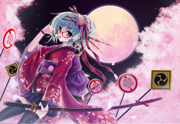 Anime picture 1495x1035 with original testa421 single looking at viewer open mouth holding sky traditional clothes japanese clothes pink eyes aqua hair night cherry blossoms girl thighhighs bow ribbon (ribbons) weapon black thighhighs plant (plants)