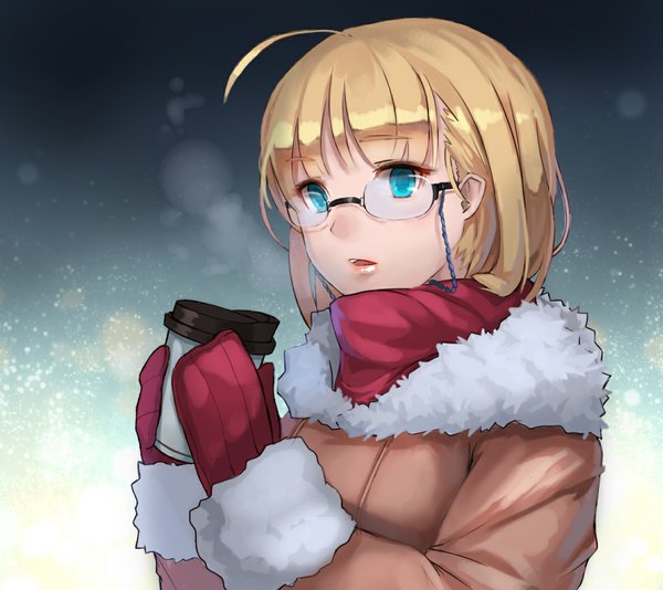 Anime picture 1166x1038 with original nuclear warhead (anti) single short hair open mouth blue eyes blonde hair looking away girl glasses jacket scarf disposable cup coffee mittens