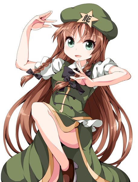 Anime picture 762x1000 with touhou hong meiling ruu (tksymkw) single long hair tall image looking at viewer blush open mouth simple background brown hair white background green eyes braid (braids) traditional clothes twin braids chinese clothes side slit fighting stance girl