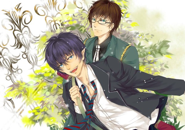 Anime picture 1425x1008 with ao no exorcist a-1 pictures okumura rin okumura yukio hongmao short hair open mouth blue eyes brown hair blue hair wind pointy ears mole mole under mouth twins boy plant (plants) tree (trees) glasses necktie